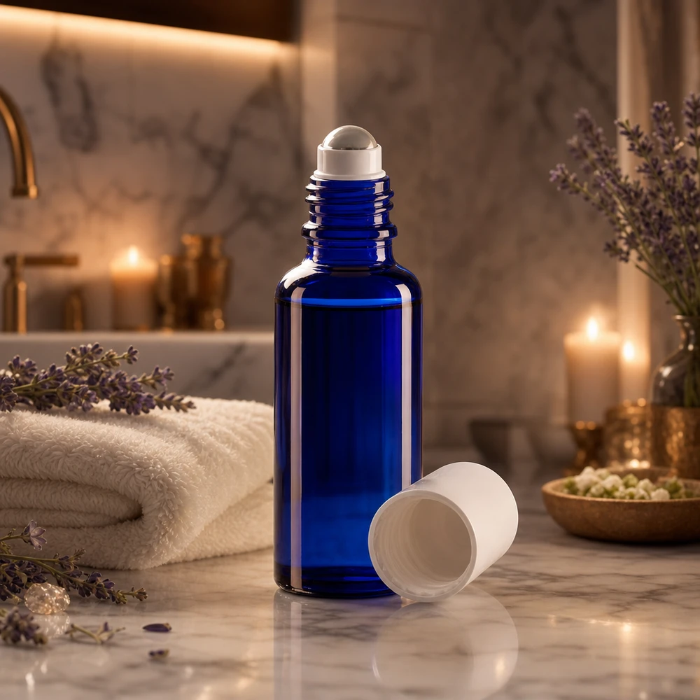 Frasco roll-on de 30 ml de cristal de farmacia azul cobalto con tapón blanco sobre fondo de mármol