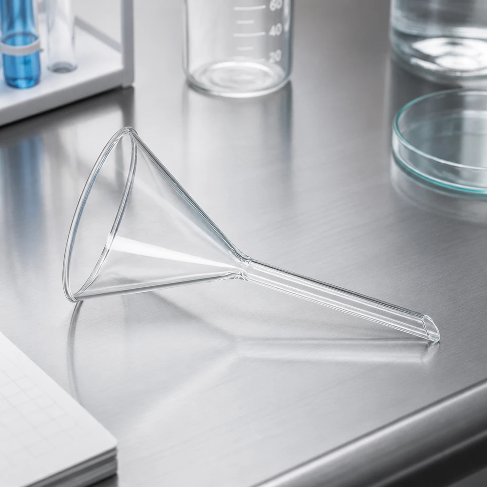 Embudo de cal sodada Ø 100 mm, ángulo de 60°, corto Embudo de laboratorio de vidrio sodocálcico con un ángulo de 60 grados y una abertura de 100 mm para un trasvase preciso