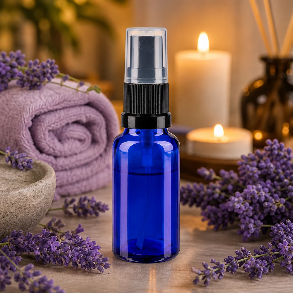 Pequeño frasco de farmacia con pulverizador de 20 ml, de cristal azul con pulverizador negro, para aceites esenciales