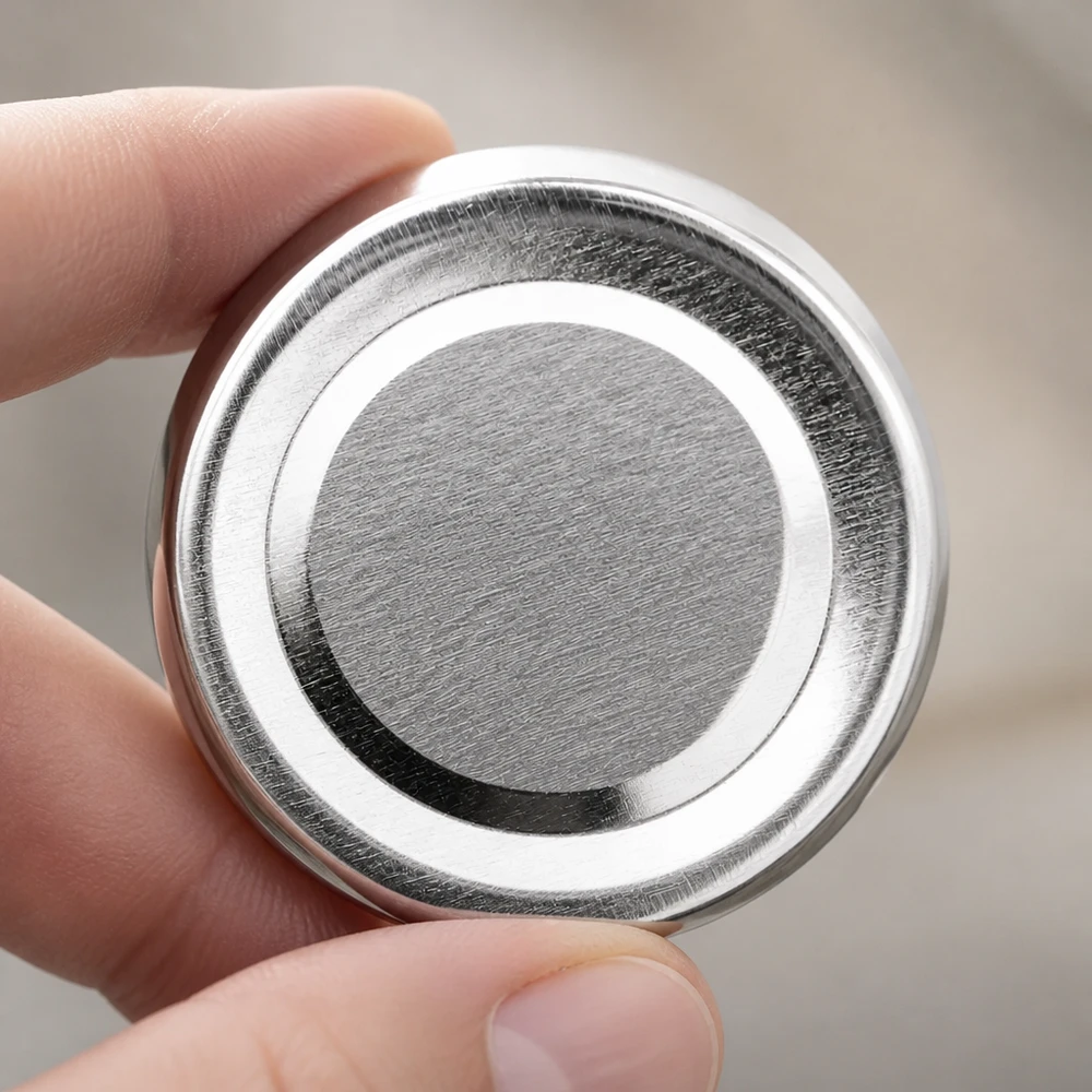 Tapa BasicSeal de 58 mm, color plata, TO58deep, UNiTWIST, primer plano de la superficie de metal cepillado