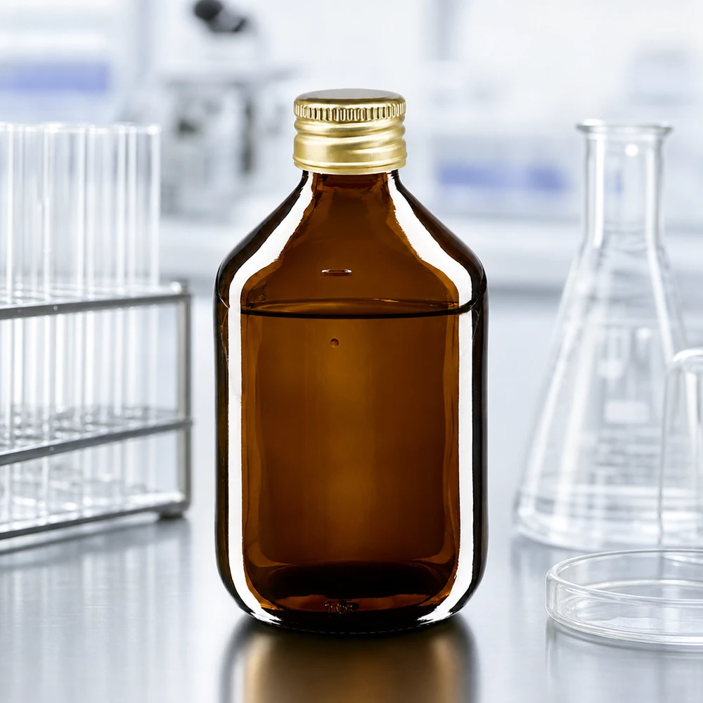 Frasco boticario de 300 ml de vidrio ámbar de alta calidad con elegante tapón dorado para uso en laboratorio