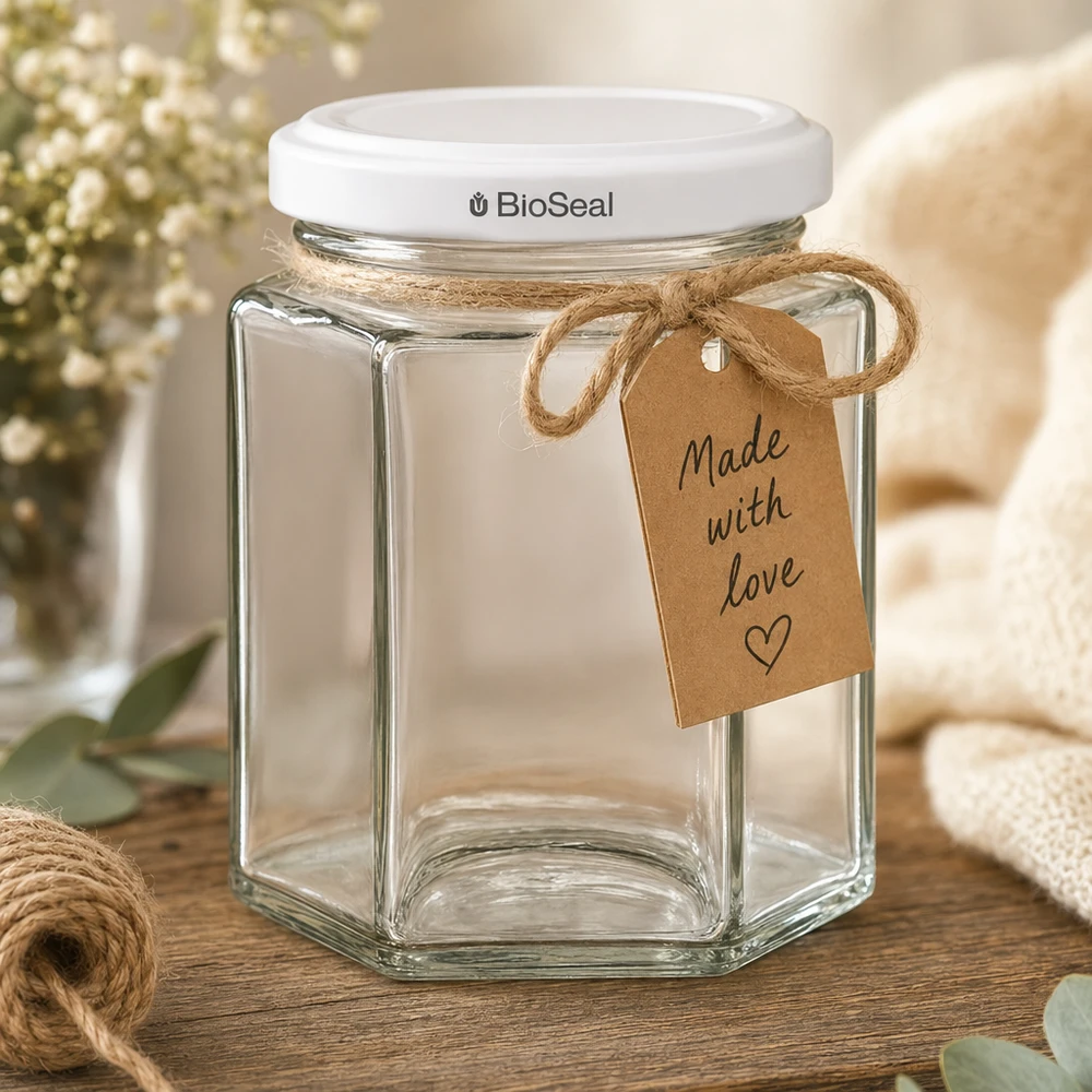 Tarro hexa 196ml con tapa blanca BioSeal UNiTWIST Tarro hexa 196ml con tapa blanca BioSeal UNiTWIST