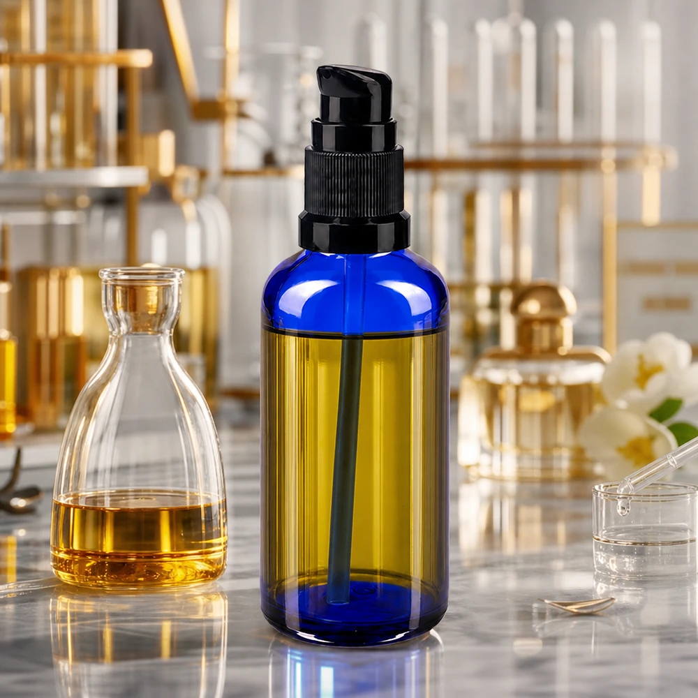 Pequeño frasco de farmacia azul de cristal de 50 ml con dosificador negro para productos cosméticos