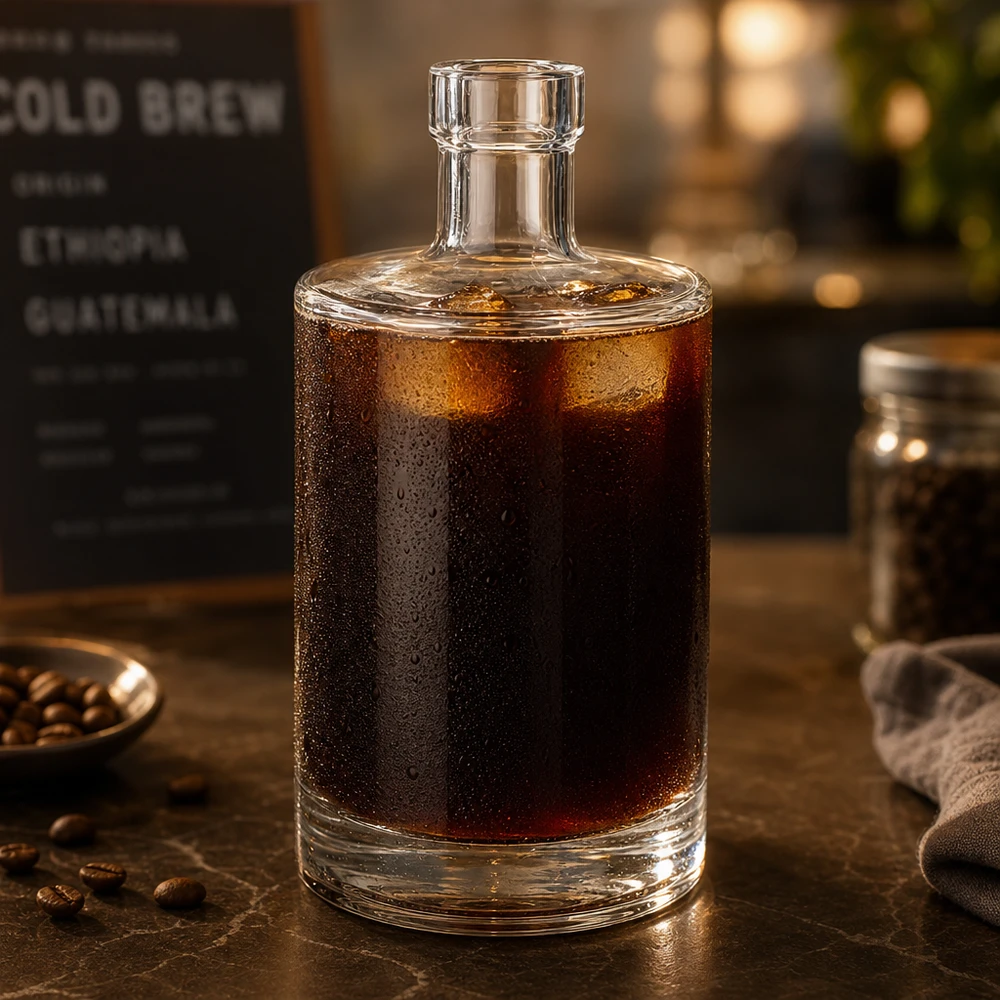Botella de cristal de 500 ml Marie llena de café cold brew muestra la idoneidad para bebidas frías y ambiente de cafetería