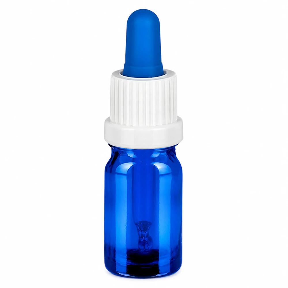 Frasco pipeta 5ml blanco/azul tapón inviolable BlueLine UT18/5 Frasco pipeta de 5 ml en azul con tapón blanco para dosificar líquidos con precisión