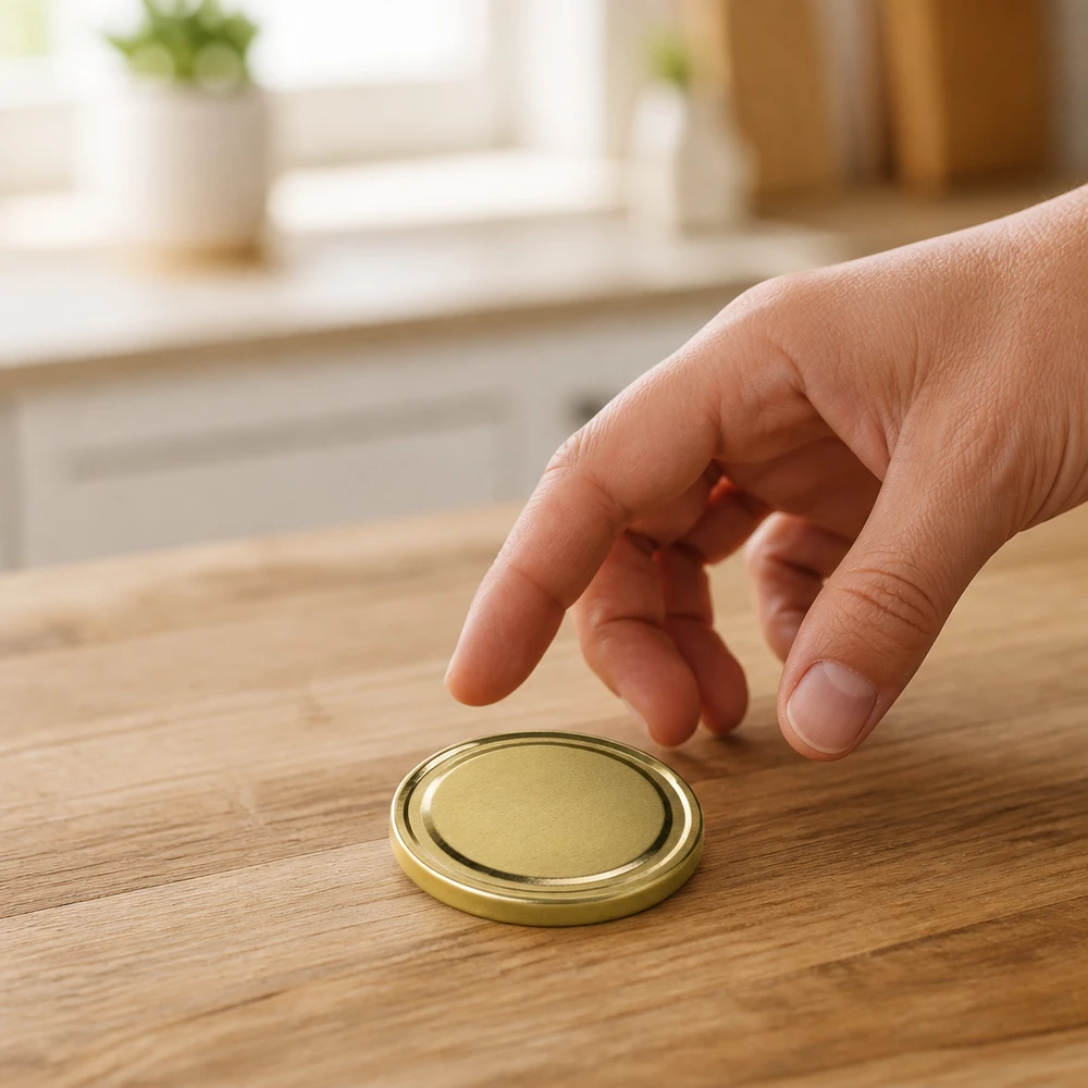 Una mano coge una tapa dorada para tarros TO66 UNiTWIST BioSeal sobre la encimera de madera de la cocina