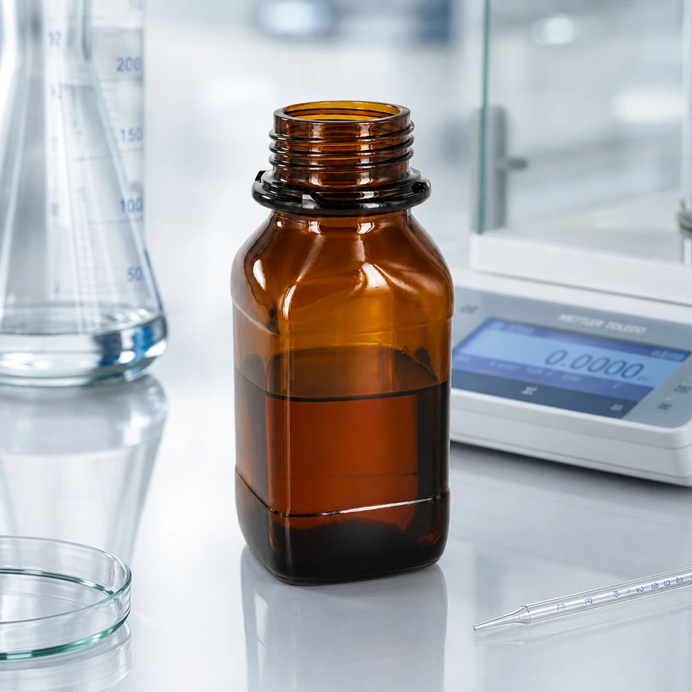 Frasco químico de boca ancha de 250 ml fabricado en resistente vidrio ámbar para una dosificación precisa