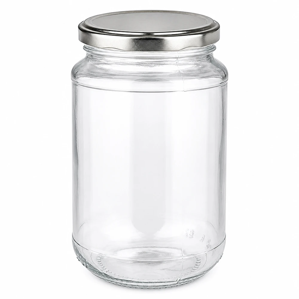 Tarro de cristal redondo de 320 ml + BasicSeal plateado UNiTWIST Tarro redondo de 320 ml con tapa BasicSeal Twist-Off plateada de cristal transparente para mermeladas y conservas
