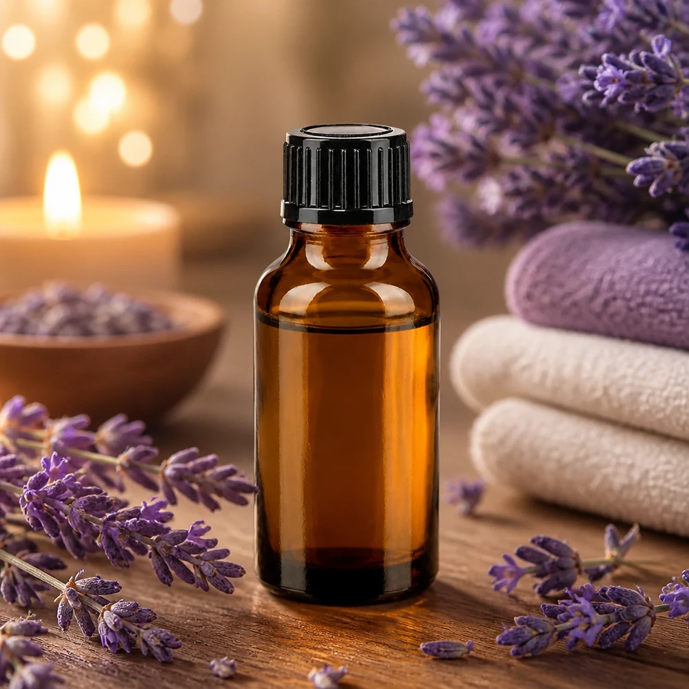 Botella de farmacia marrón 20ml tapón de rosca negro estándar Pequeño frasco de farmacia marrón de 20 ml con flores de lavanda sobre fondo de madera
