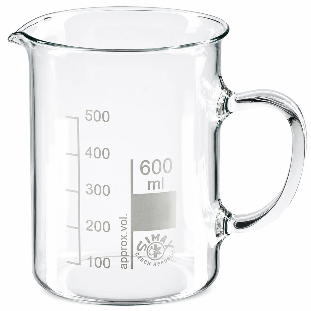 Vaso de precipitados de 600 ml de vidrio borosilicato con asa y escala de mililitros hasta 500 ml
