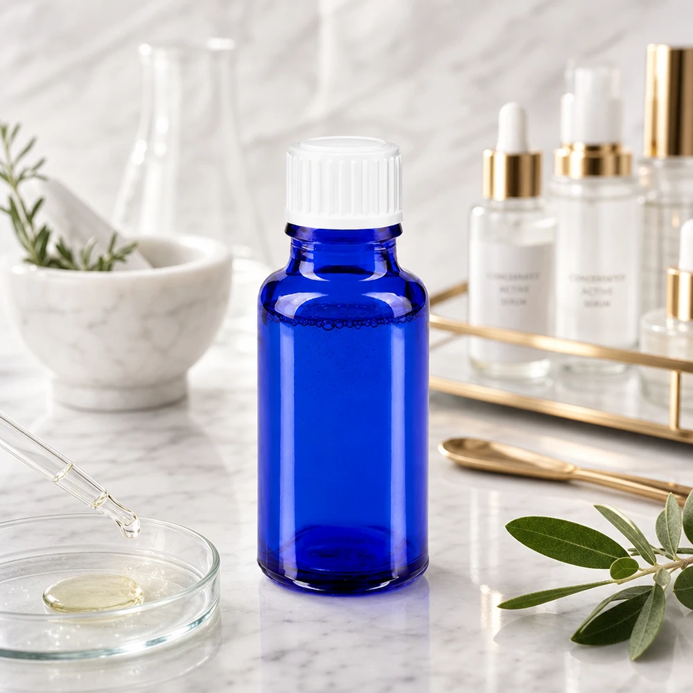 Botella de farmacia azul 20ml tapón de rosca blanco estándar Frasco de cristal azul cobalto de 20 ml con tapón de rosca blanco junto a utensilios de laboratorio sobre mármol
