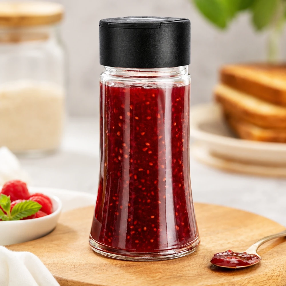 Mermelada de frambuesa en un tarro de cristal transparente de 95 ml con tapa negra de doble dosificador, sobre una tabla de madera con una tostada