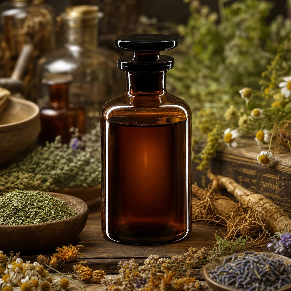Botella de hombros redondeados de 50 ml, de vidrio ámbar, con cuello estrecho y tapón de vidrio, para extractos de hierbas