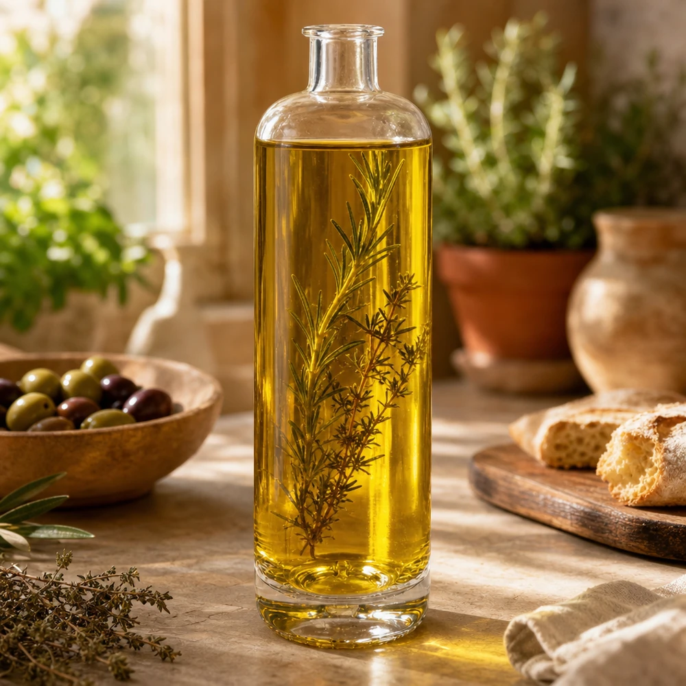 Botella de vidrio de 700 ml «Ella» sin tapón UNiTWIST® Botella de cristal de 700 ml de Ella llena de aceite de hierbas sobre una mesa de madera entre pan de aceitunas y adornos de cocina mediterránea