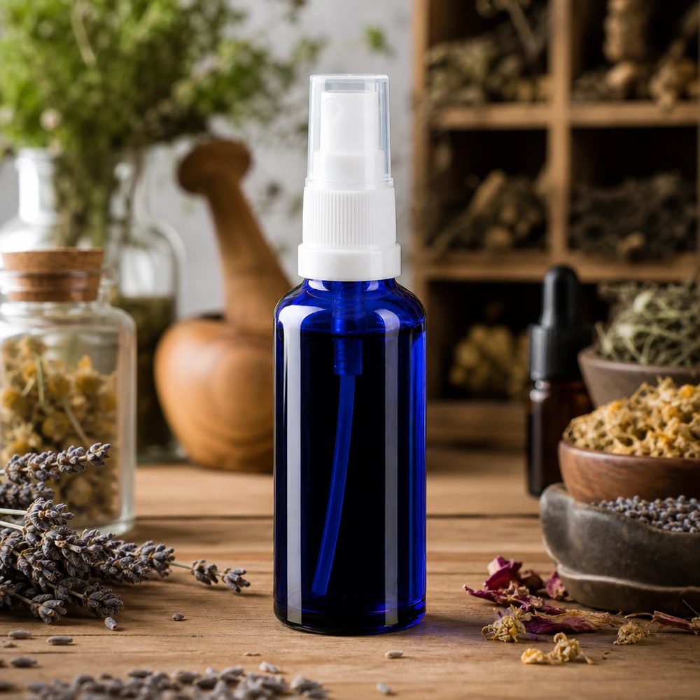 Botella pulverizadora de vidrio borosilicato azul de 10 ml con dosificador de bomba blanco entre hierbas secas