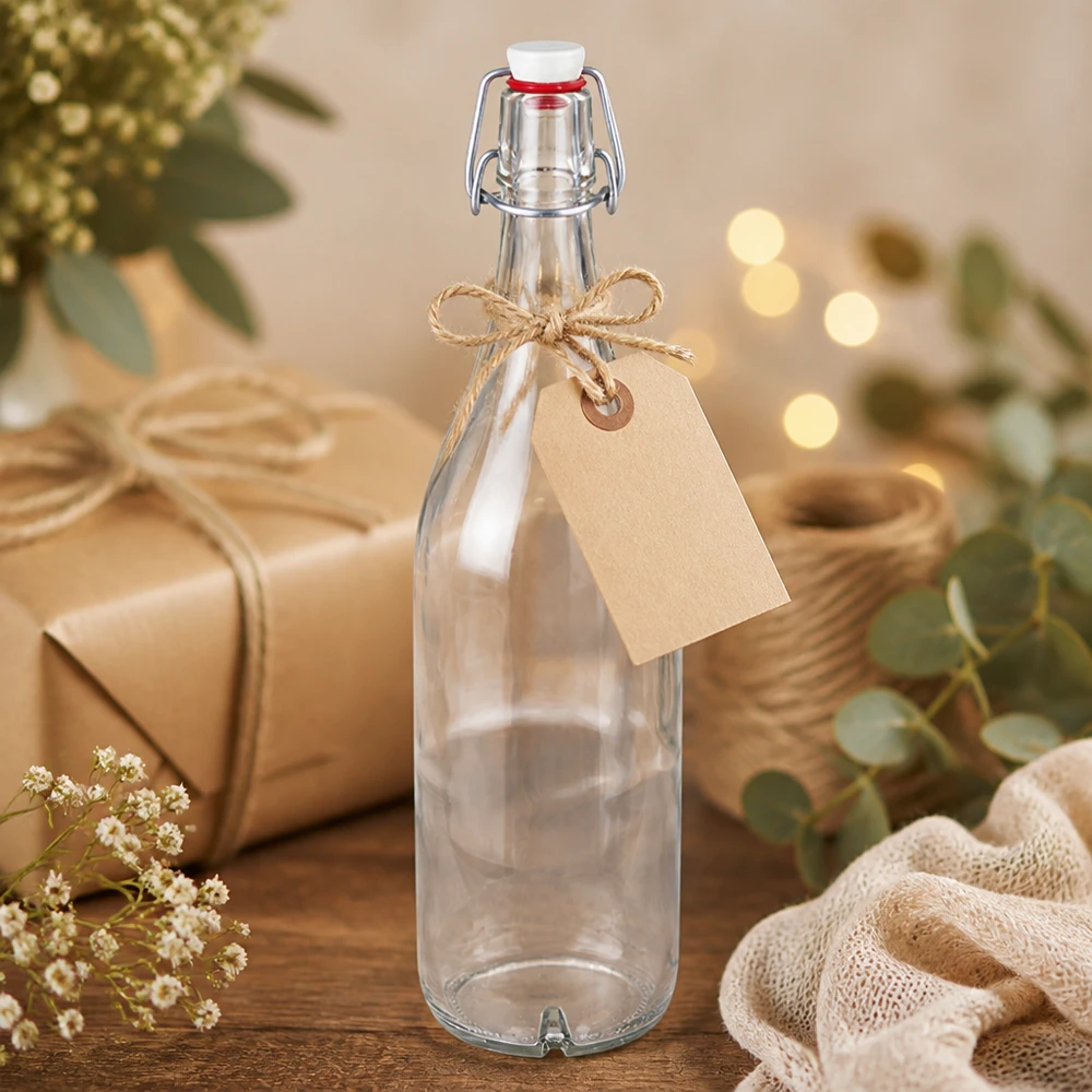 Botella de cristal de 1000ml con tapa abatible de porcelana de regalo con colgante y arreglo decorativo natural