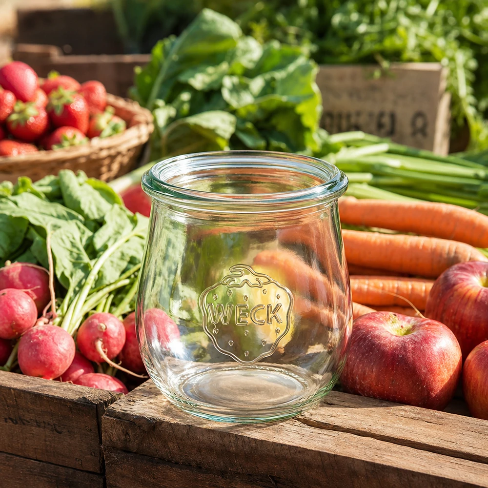 Tarro tulipa 220ml WECK RR60 WECK tarro tulipán 220ml RR60 vacío entre verduras frescas fruta en caja de madera ambiente cocina rústica