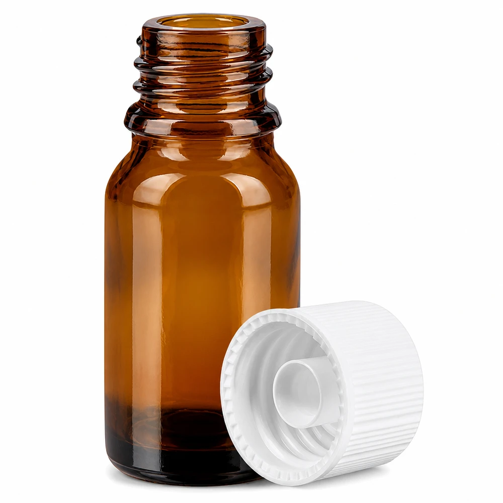 Botella 10ml 11mm tapón rosca blanco Standard BrownLine UT18/10 Frasco de vidrio ámbar de 10 ml con protección UV y tapón blanco para sustancias fotosensibles