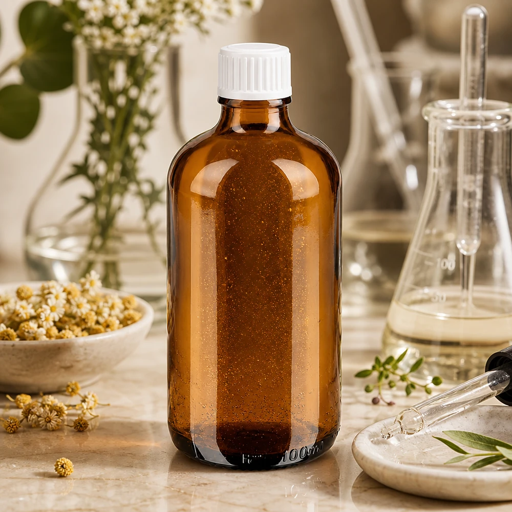 Frasco de farmacia marrón de 100 ml con tapón de rosca blanco, entre la manzanilla y el material de laboratorio