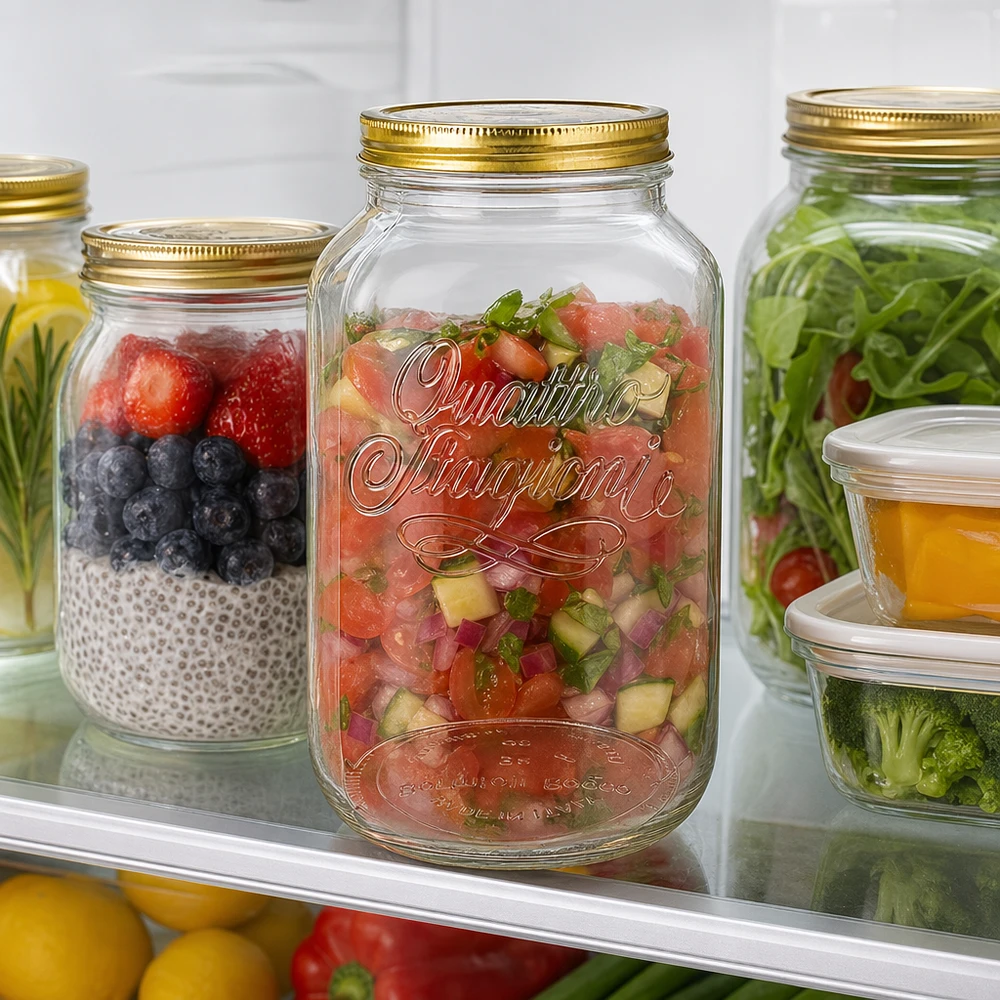 Tarro redondo "Quattro Stagioni" de 3800ml con tapa. Tarro de conserva Quattro Stagioni 3800ml lleno de salsa y bayas en la nevera Meal Prep Storage