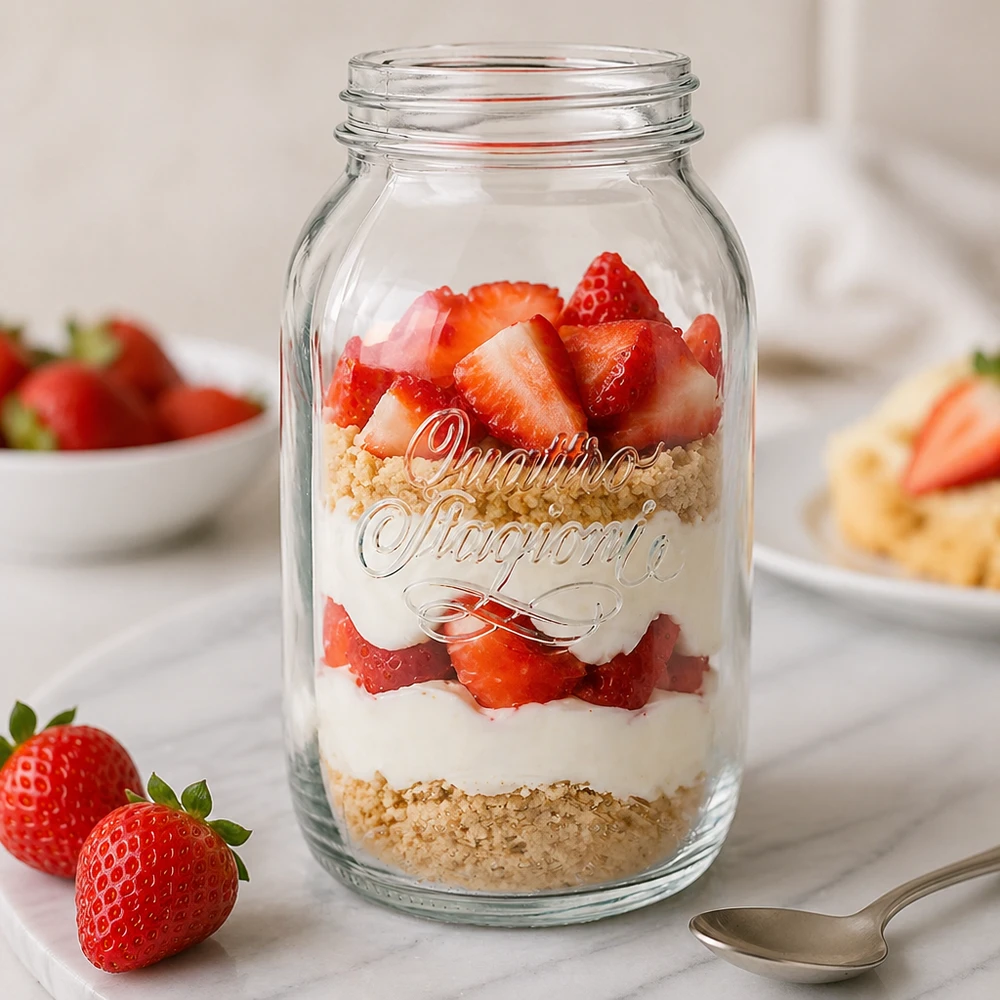 Vaso redondo 1500ml "Quattro Stagioni" QS86mm Quattro Stagioni 1500ml Einmachglas mit Schichtdessert aus Erdbeeren und Creme - perfekt für Meal Prep und Aufbewahrung