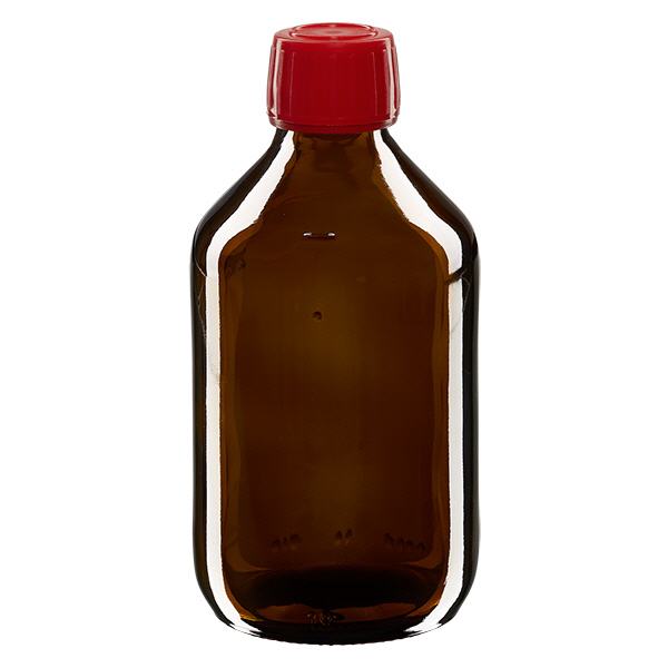 Frasco medicamento 250ml marrón, tapón rojo con precinto de seguridad ApoGlas Frasco medicamento 250ml marrón, tapón rojo con precinto de seguridad ApoGlas