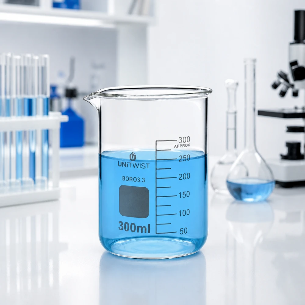Vaso de precipitados transparente de 300 ml con líquido azul y escala en mililitros de UNiTWIST