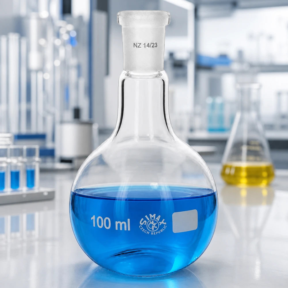 Matraz Erlenmeyer 100ml con junta esmerilada estándar (14/23) Matraz de destilación de 100 ml con líquido azul y junta esmerilada normalizada 14/23