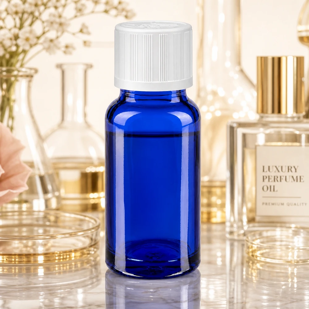 Frasco de farmacia azul cobalto de 10 ml con tapón de seguridad para niños de color blanco para perfume de lujo