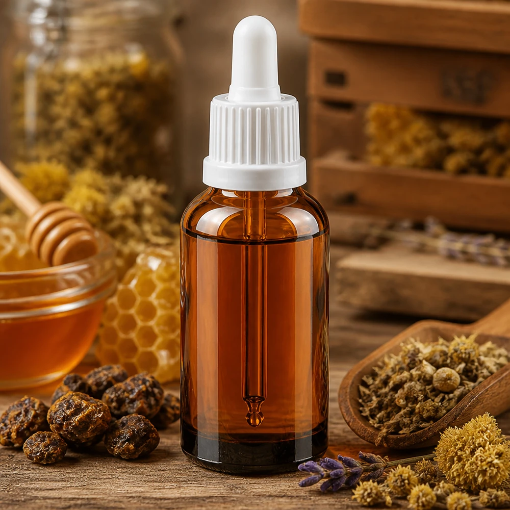 Pequeño frasco pipeta de 30 ml de vidrio ámbar con protección UV y práctico sistema de dosificación