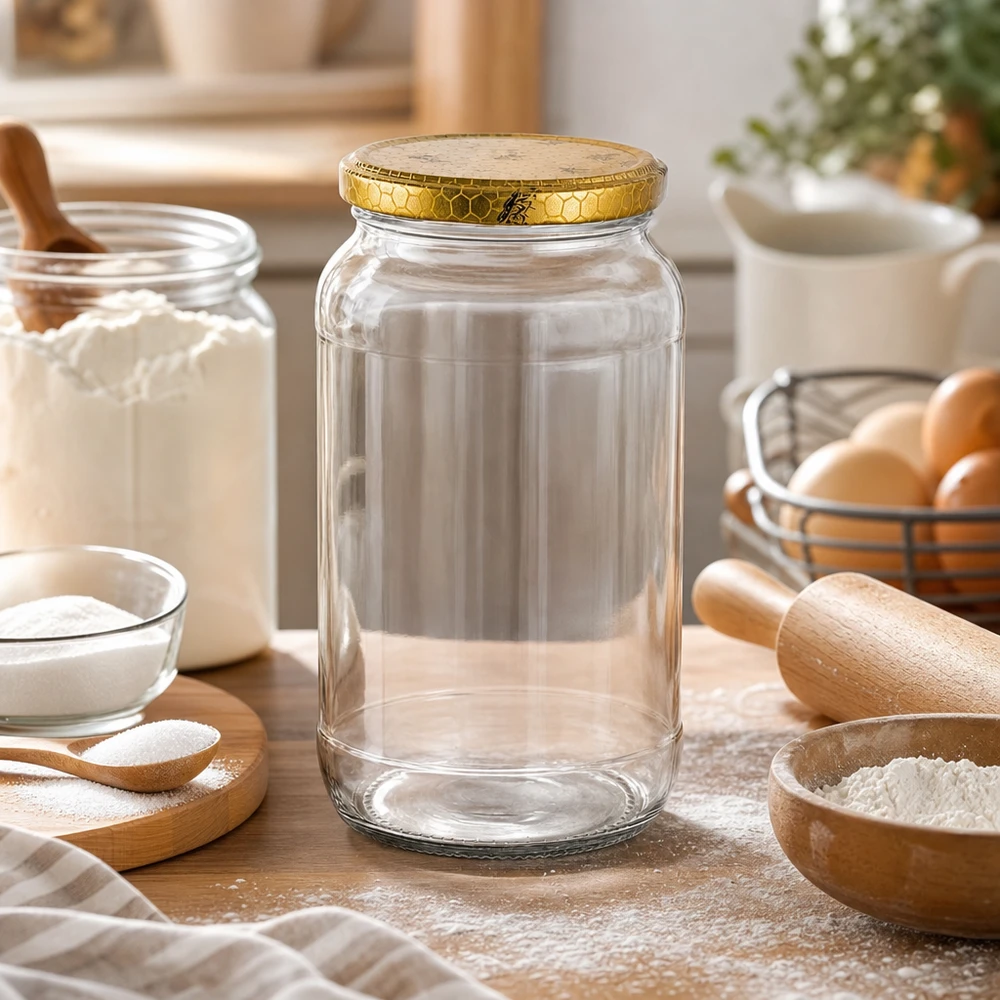 1062ml tarro de cristal redondo vacío en la escena de la cocina con ingredientes para hornear harina huevos rodillo tapa de panal de oro tarro de almacenamiento