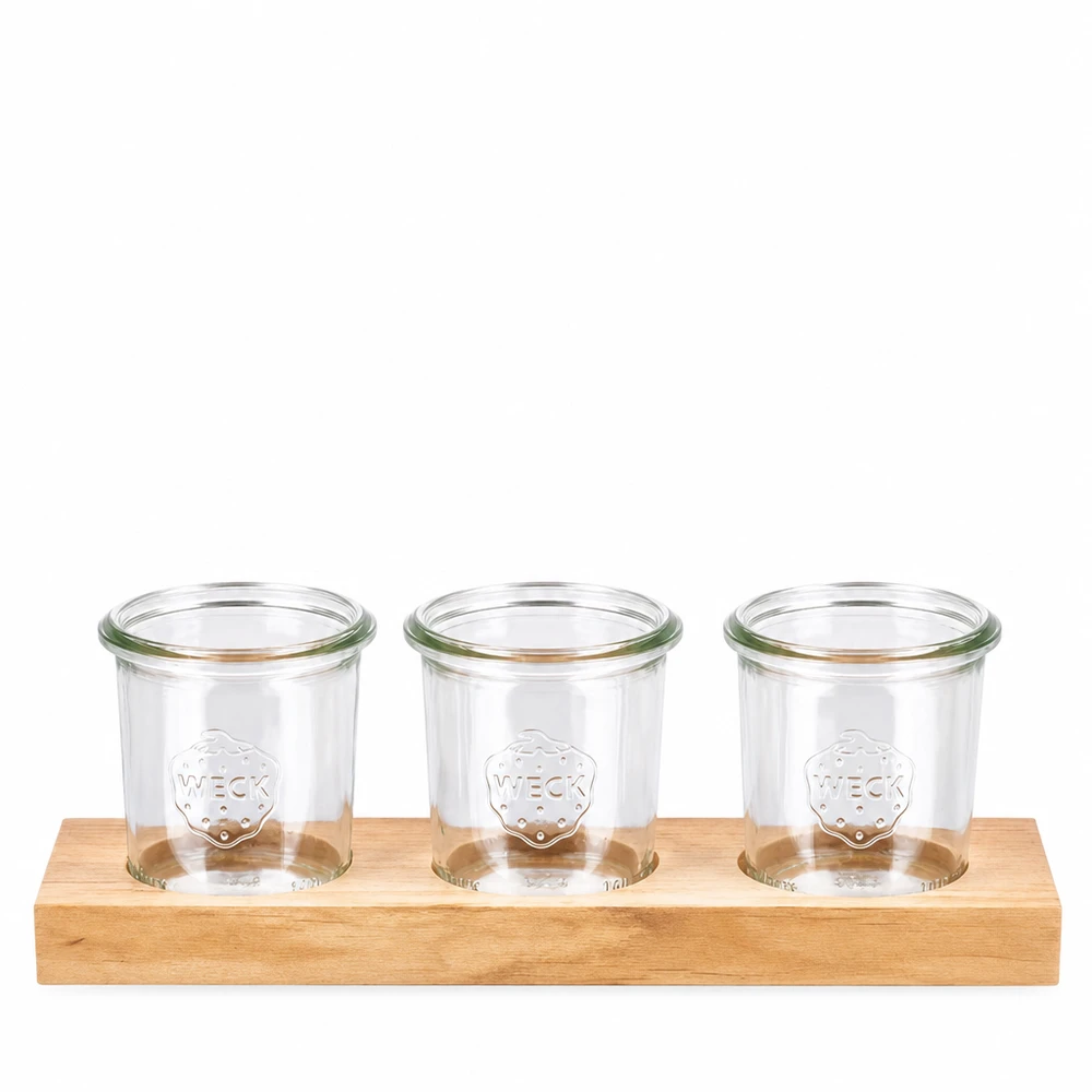 Plano3 tabla de madera para servir con 3 vasos WECK de 140 ml para cocina y almacenaje