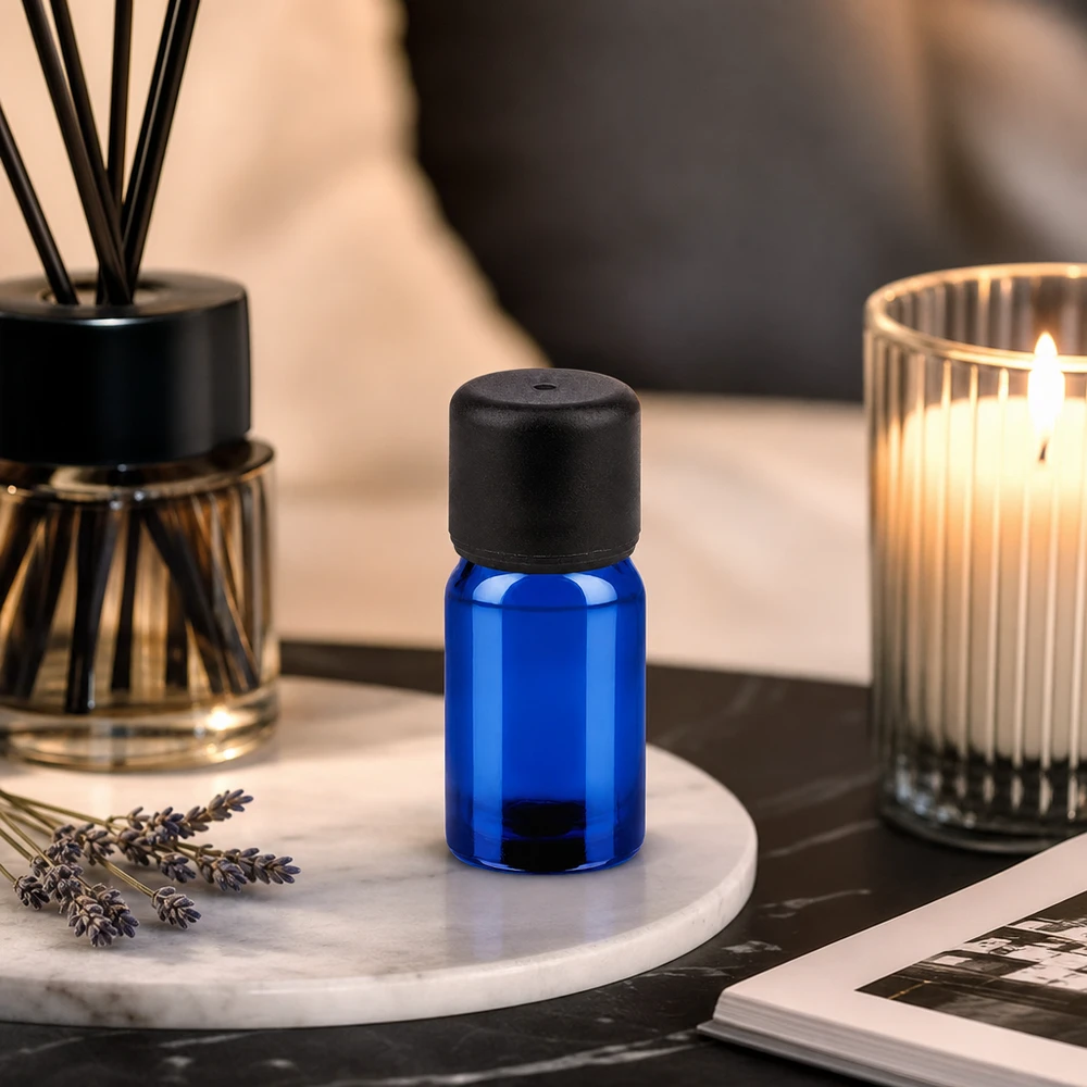 Frasco de 5 ml con tapón de rosca de 6 mm negro estándar BlueLine UT18/5 Frasco boticario de 5 ml de vidrio cobalto de alta calidad con protección UV y tapón negro