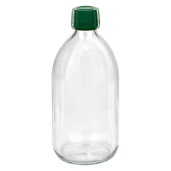 Frasco medicamento 500ml transparente, tapón verde con precinto de seguridad ApoGlas Frasco medicamento 500ml transparente, tapón verde con precinto de seguridad ApoGlas