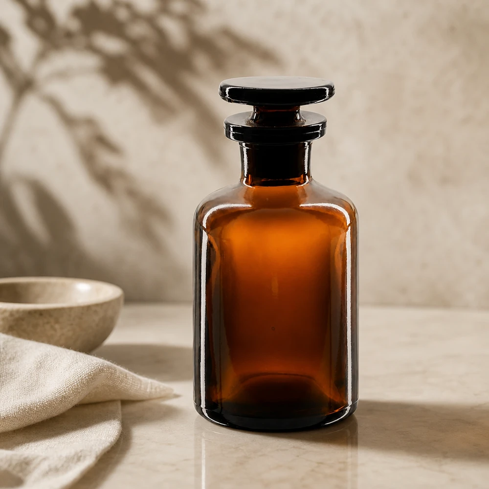Frasco de cristal de color ámbar de 50 ml con tapón plano para aceites esenciales y aromaterapia