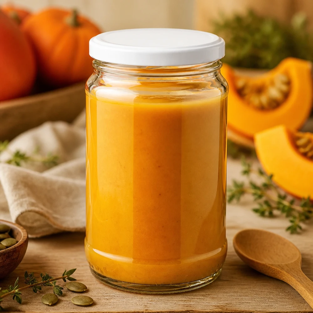 Vaso redondo UNiTWIST de 370 ml con tapa BasicSeal blanca, lleno de sopa de calabaza sobre una mesa de madera