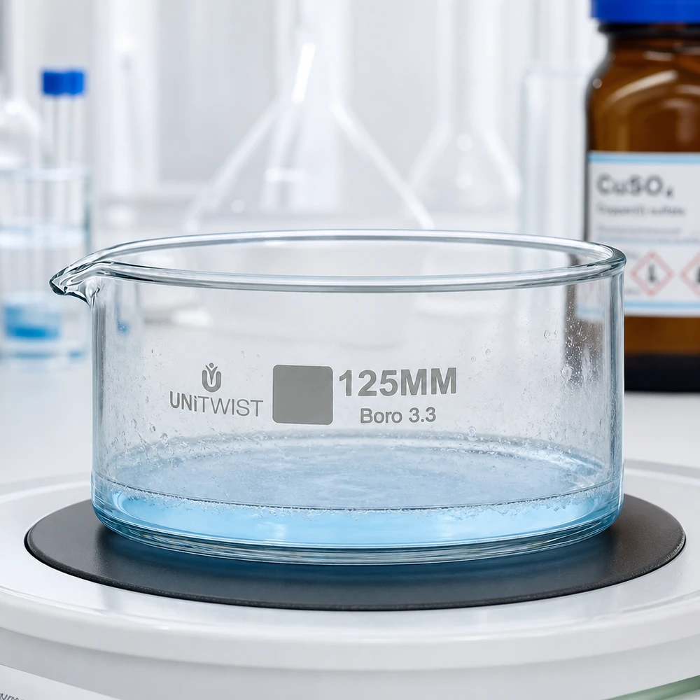 Cubeta de cristalización de 125 mm UNiTWIST sobre una balanza de laboratorio con una solución de color azul claro y burbujas de aire visibles