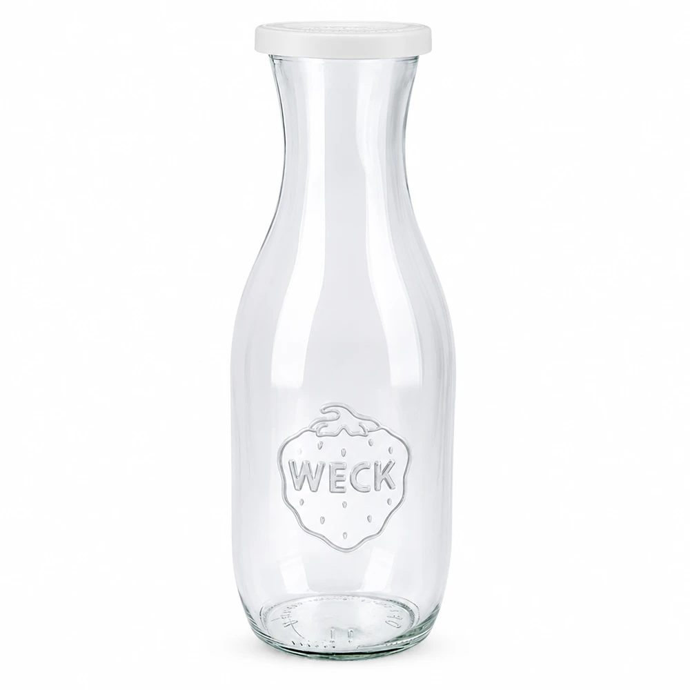 Botella para zumos de 1062 ml con tapa hermética WECK RR60 Botella de zumo WECK 1062ml de cristal con tapa blanca de frescor y logotipo WECK para zumos y bebidas