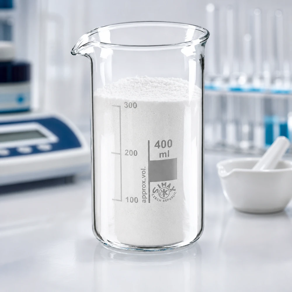 Vaso 400ml borosilicato, alto Vaso de precipitados de 400 ml, de forma alta, lleno de polvo blanco, en el laboratorio, junto a un mortero y un pistilo