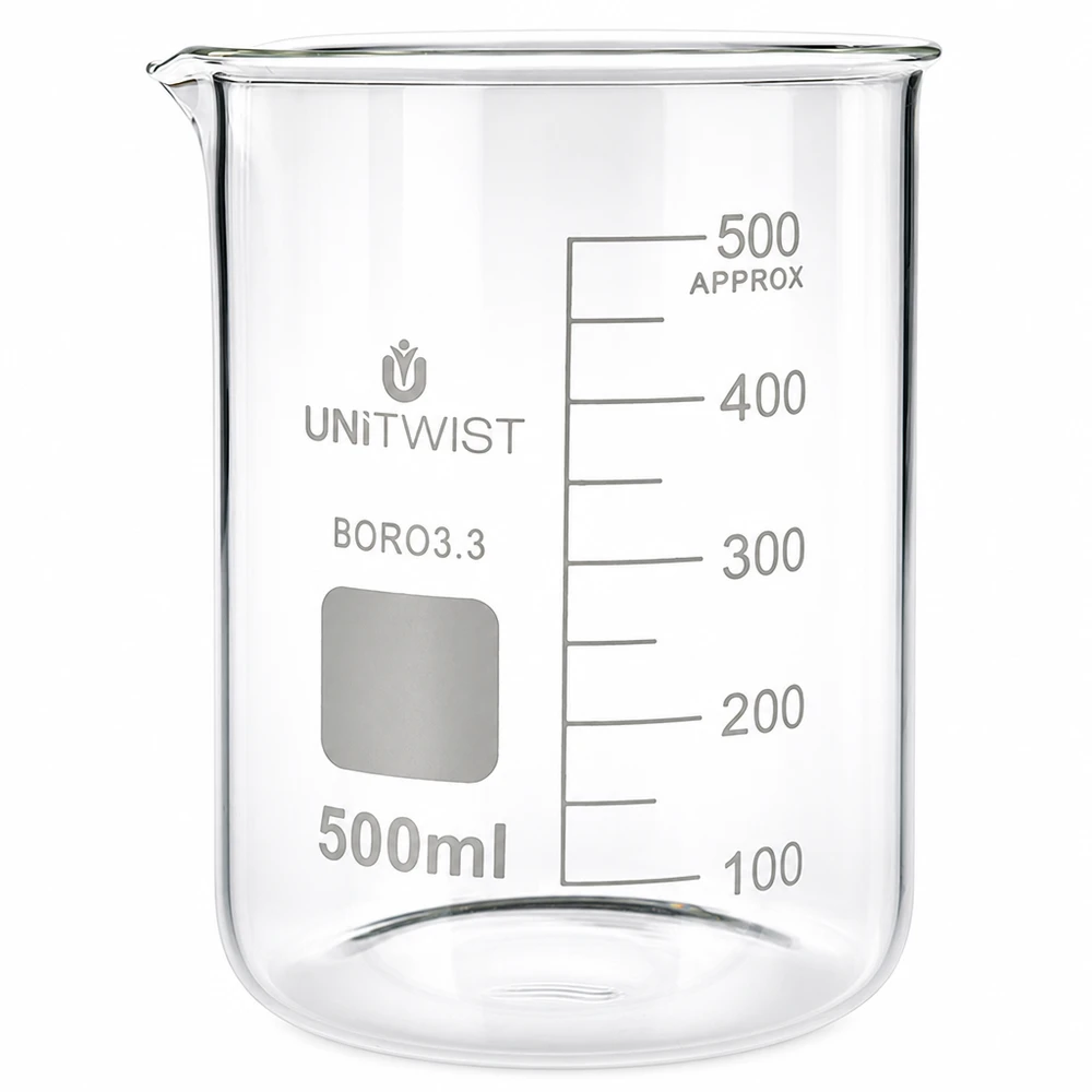 Vaso de precipitados de 500 ml de borosilicato, de forma baja, de UNiTWIST, con escala en mililitros
