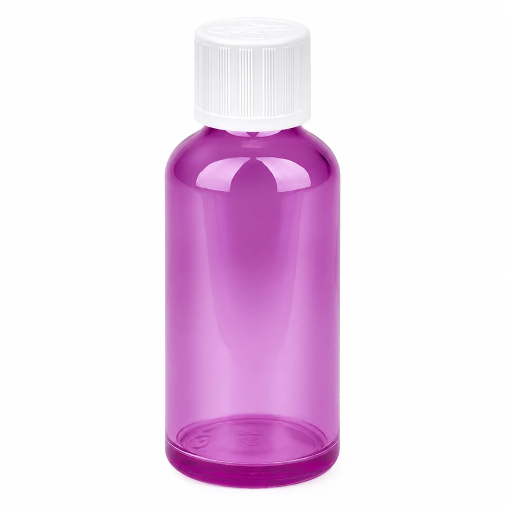 Frasco de vidrio de 50 ml de color morado con tapón de rosca blanco para cosméticos y productos farmacéuticos