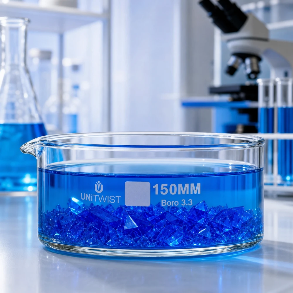 Bandeja de cristalización UNiTWIST de 150 mm con cristales azules en solución. Experimento de laboratorio.
