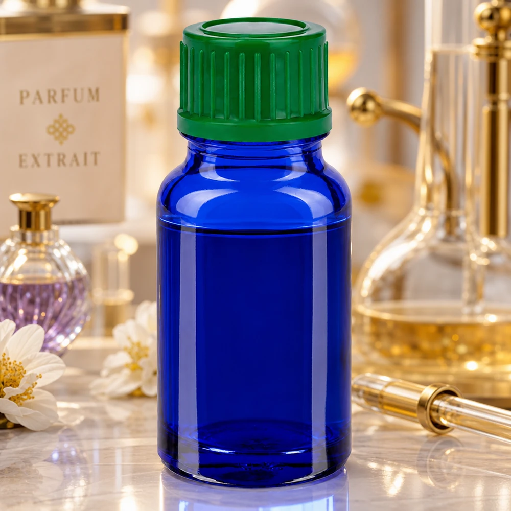 Botella 10ml 11mm tapón rosca verde estándar BlueLine UT18/10 Frasco de vidrio azul cobalto de 10 ml con tapón verde STD BlueLine UT18/10 para perfumes y extractos