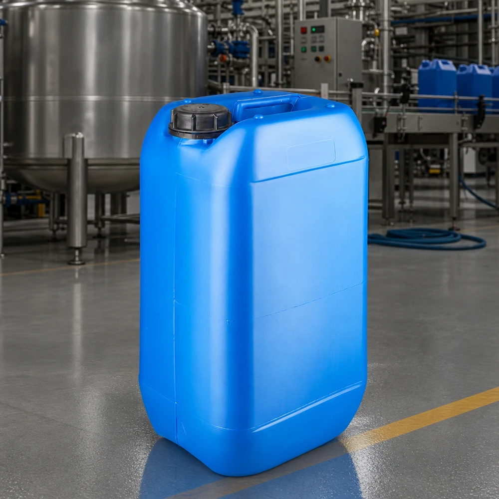 Bidón industrial apilable de 15 litros, de color azul y con tapón de rosca, en una moderna planta de producción