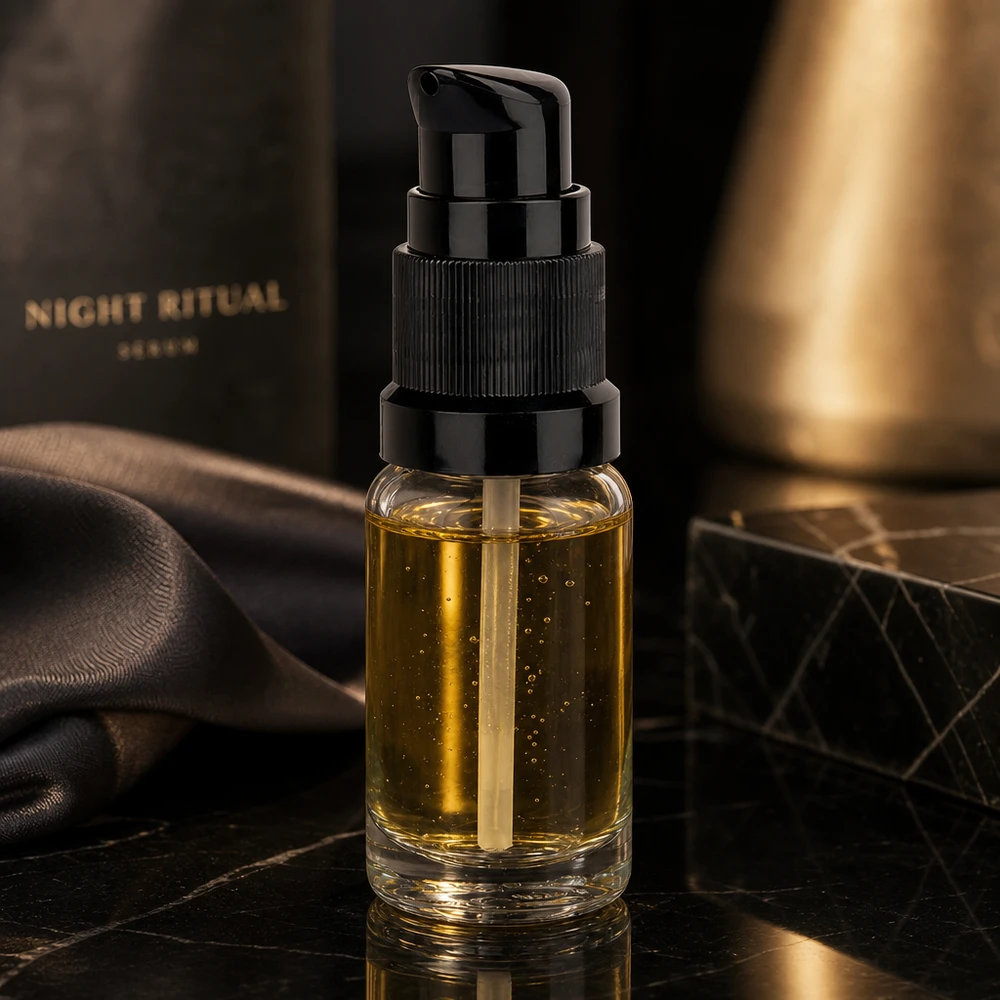 Frasco bomba 10ml negro tapón estándar ClearLine UT18/10 Frasco transparente con dosificador de 10 ml y tapón negro, que contiene un sérum nocturno dorado
