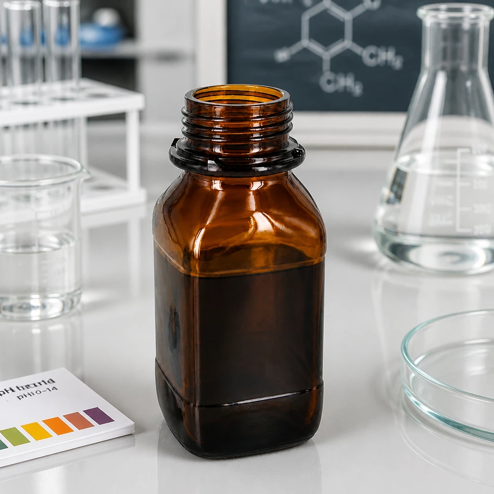 Frasco de vidrio ámbar de 250 ml con forma cuadrada para el almacenamiento seguro de productos químicos en el laboratorio