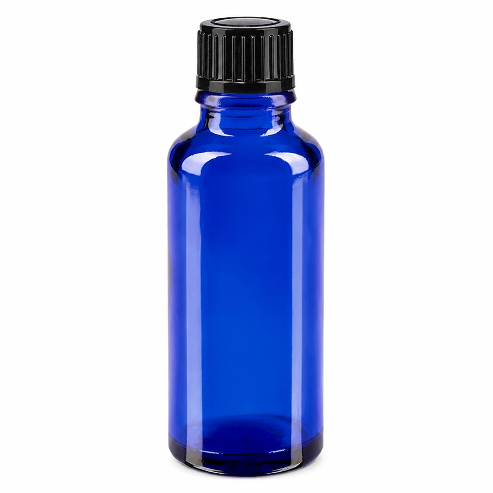 Frasco de cristal azul de 30 ml con tapón cuentagotas negro, fabricado en cristal de farmacia STD de alta calidad