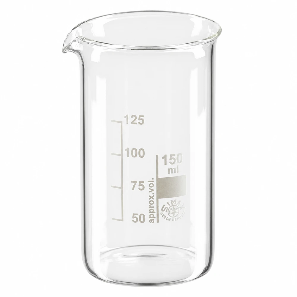 Vaso de vidrio de borosilicato de 150 ml, forma alta Vaso de precipitados de 150 ml, de forma alta, fabricado en vidrio borosilicato, con escala de mililitros y pico vertedor