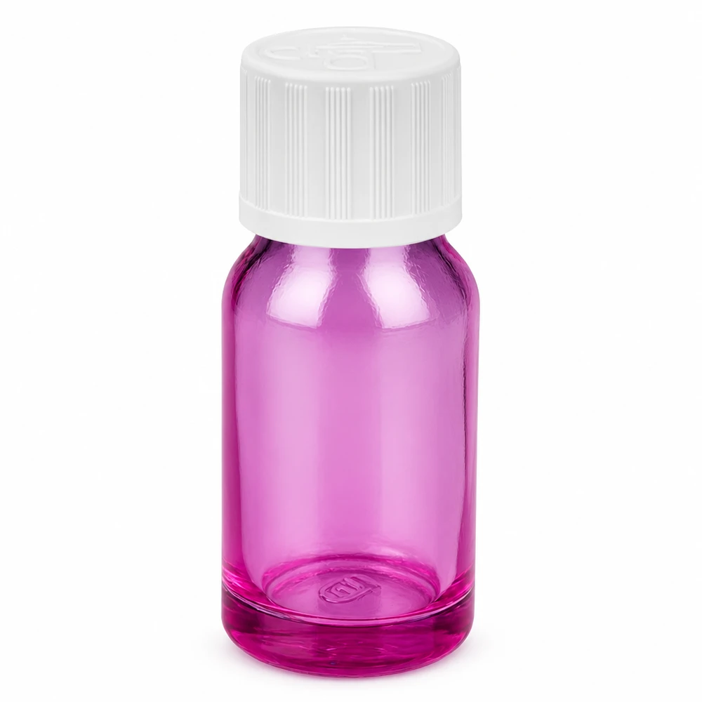 Botella de 10ml con tapón de rosca blanco de 11mm a prueba de manipulaciones PurpleLine UT18/10 Frasco de vidrio de 10 ml en violeta con tapón de rosca blanco para aceites esenciales y cosméticos