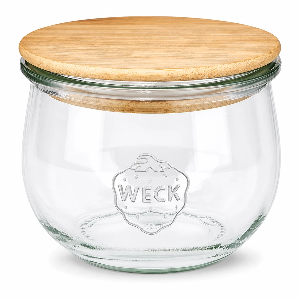 Tarro tulipán WECK 580ml RR100 con tapa de madera natural - tarro de cristal transparente con logotipo WECK